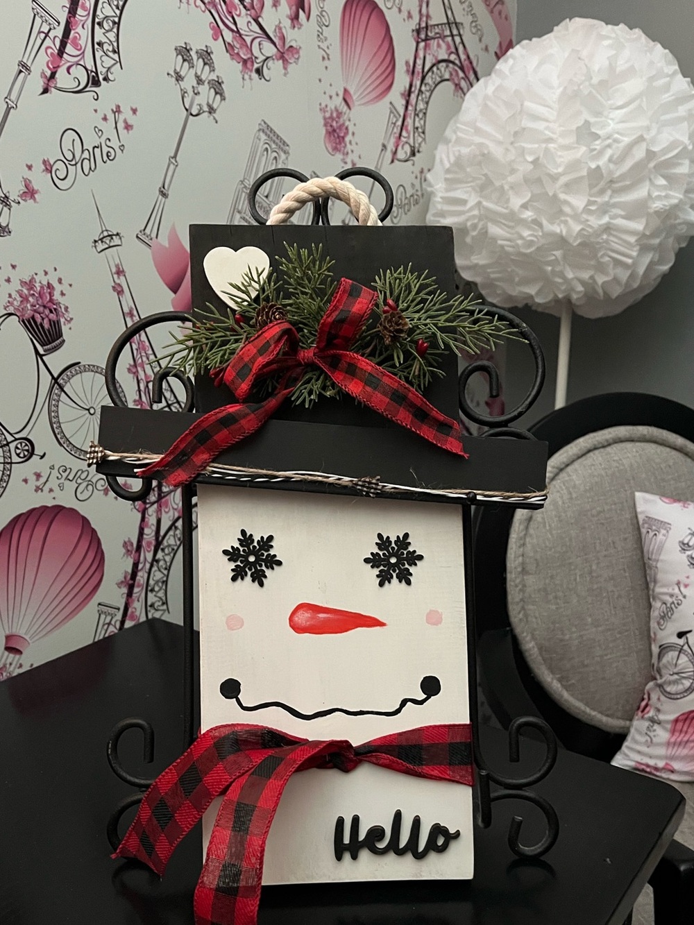 Snowman Wall Art with Red and Black Plaid, Signature Heart, Wood Handcrafted